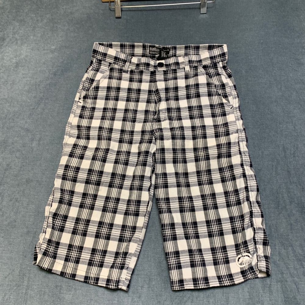 Ecko Unltd Bermuda Shorts Boys 18 Black White Plaid Twill Rhino Logo Pockets